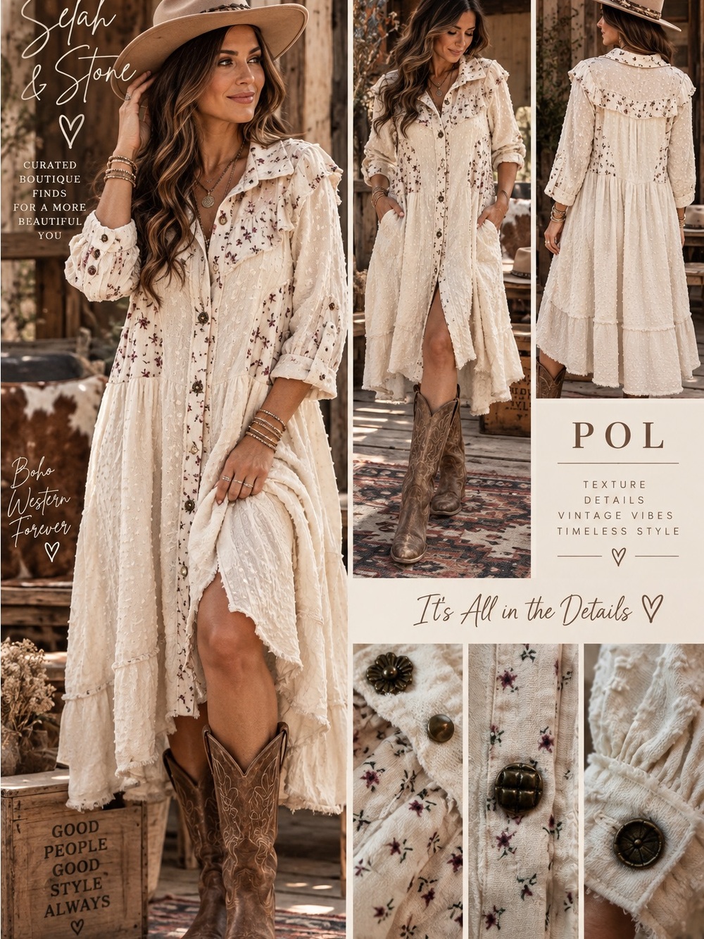POL NWOT Ivory Textured Boho Button-Front Maxi Dress/Duster with Floral Yoke